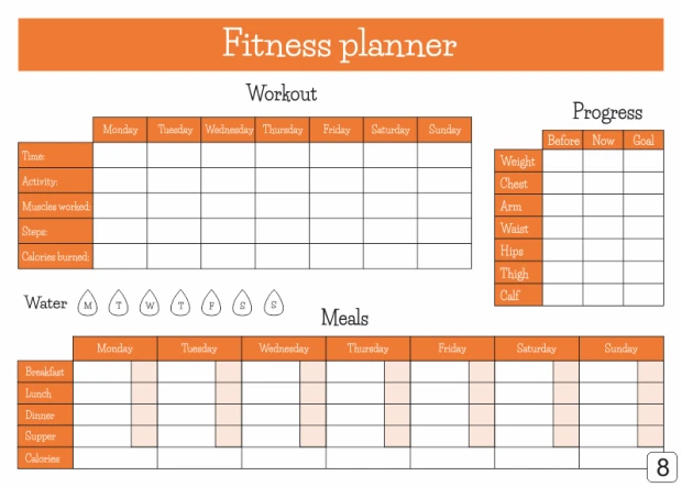 Fitness planner whiteboard 429 - Graphic design with tables for workouts and meals. Colors are