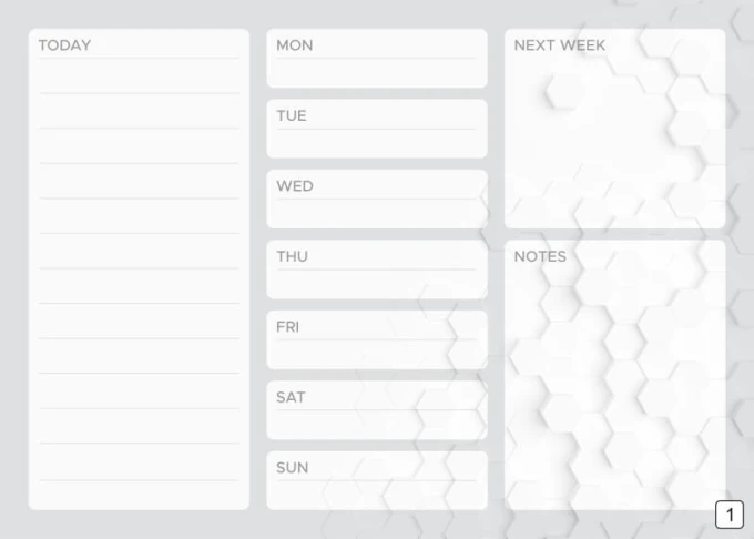 Weekly planner whiteboard 428 - Graphic design. Gray background with white hexagons and blank text fields.