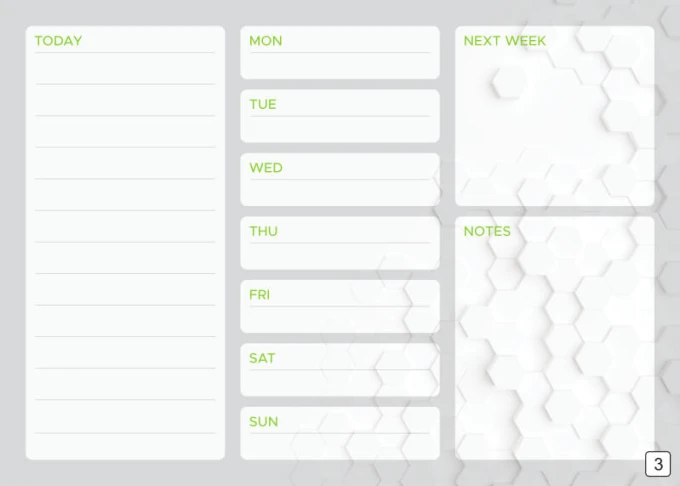 Weekly planner whiteboard 428 - Graphic design with hexagon elements on a light background.