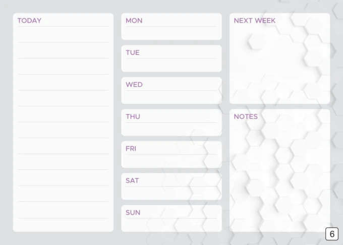 Weekly planner whiteboard 428 - Graphic design with hexagons on a gray background, includes space for notes.
