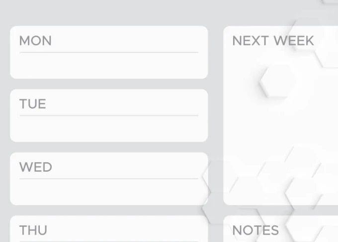 Weekly planner whiteboard 428 - Graphic design with simple rectangles and hexagons in shades of gray.