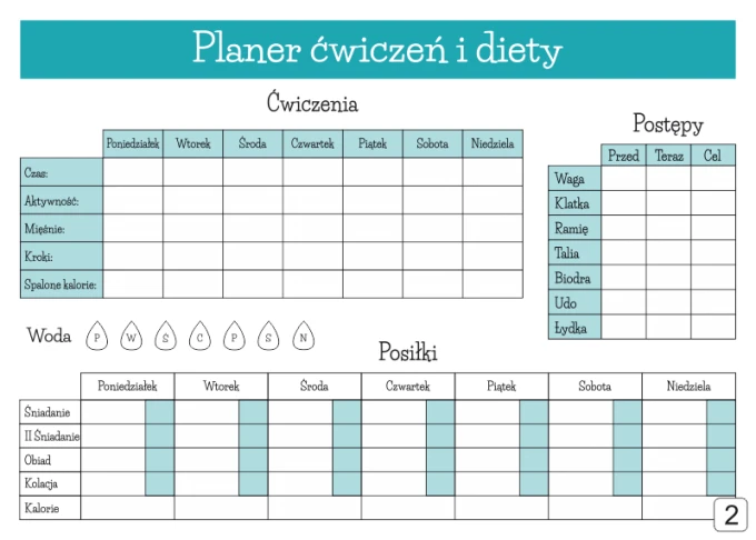Dry-erase board for exercise and diet planning 430 - Graphic design with rectangular fields to fill in.