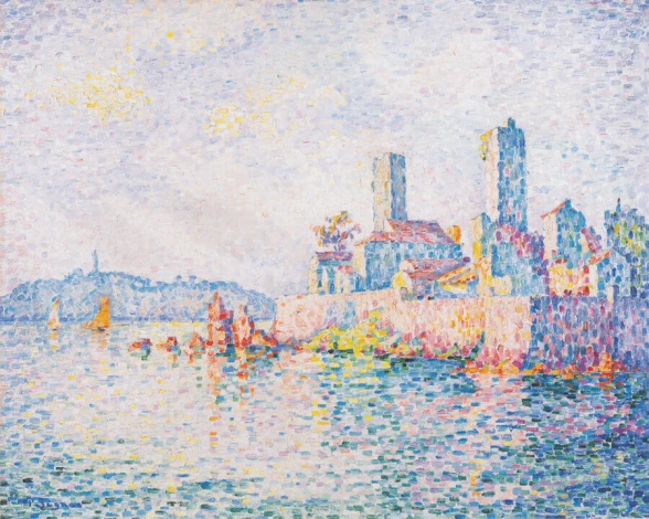Antibes reproduction by Paul Signac - Graphic pattern. Colorful spots depict buildings by the water.