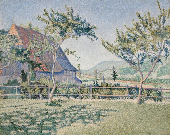 Reproduction of Comblat-le-Château, The Meadow by Paul Signac. The image depicts a landscape with a house and trees.