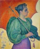Reproduction of Femme à l\'ombrelle by Paul Signac - Graphic design featuring a woman with an umbrella in vibrant colors.