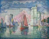 Reproduction of Entrée du port de la Rochelle by Paul Signac. The image depicts a port with sailboats and towers.