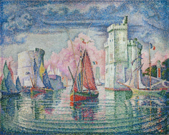 Reproduction of Entrée du port de la Rochelle by Paul Signac. The image depicts a port with sailboats and towers.