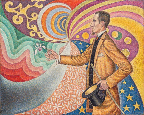 Reproduction of Portrait de Félix Fénéon by Paul Signac. Man in a yellow coat holding a hat.