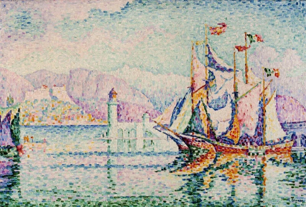 Antibes - Morning reproduction by Paul Signac. Features sailboats on water, mountains in the background, and a lighthouse.