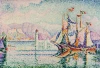 Antibes - Morning reproduction by Paul Signac. Features sailboats on water, mountains in the background, and a lighthouse.
