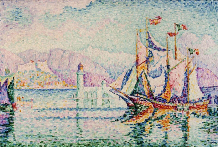 Antibes - Morning reproduction by Paul Signac. Features sailboats on water, mountains in the background, and a lighthouse.