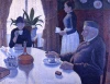 Reproduction of Breakfast by Paul Signac - Dining room setup with warm-toned walls and a table with a white tablecloth.
