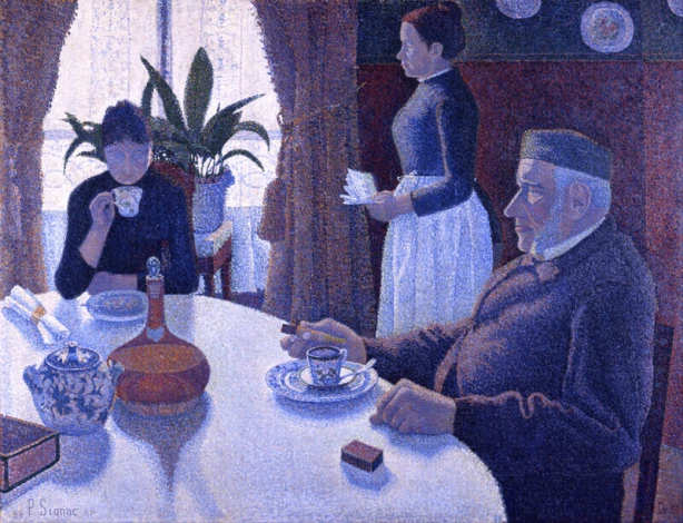 Reproduction of Breakfast by Paul Signac - Dining room setup with warm-toned walls and a table with a white tablecloth.