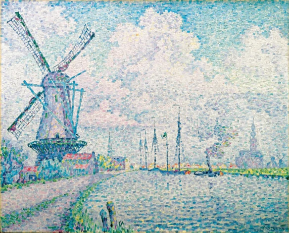 Reproduction of Canal of Overschie by Paul Signac - Graphic design featuring a windmill, boats, clouds, and sky.