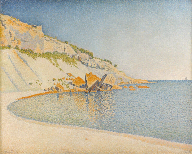 Cassis reproduction by Paul Signac featuring a coastal scene with cliffs, beach, and water in shades of blue.