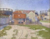 Reproduction of Gasometers at Clichy by Paul Signac - Graphic design featuring buildings with red roofs and gasometers in the background.