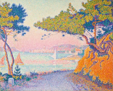 Reproduction of Golfe Juan by Paul Signac - A graphic design with colorful spots depicting a landscape with sea, trees, and sailboats.