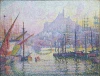 Reproduction of Notre Dame de la Garde by Paul Signac. The image shows a port with boats and a hill in the background.