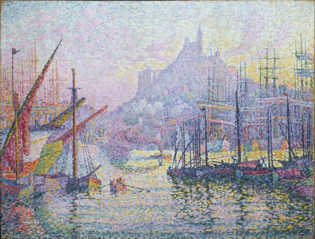 Reproduction of Notre Dame de la Garde by Paul Signac. The image shows a port with boats and a hill in the background.