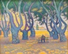 Reproduction of Place des Lices by Paul Signac. The artwork features wavy-trunked trees and a seated figure.