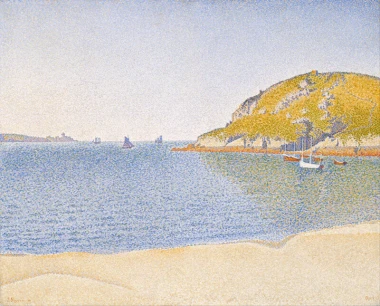 Reproduction of Port of Saint-Cast by Paul Signac. The image shows a view of the sea, boats, and hills in the background.