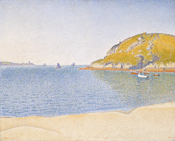 Reproduction of Port of Saint-Cast by Paul Signac. The image shows a view of the sea, boats, and hills in the background.