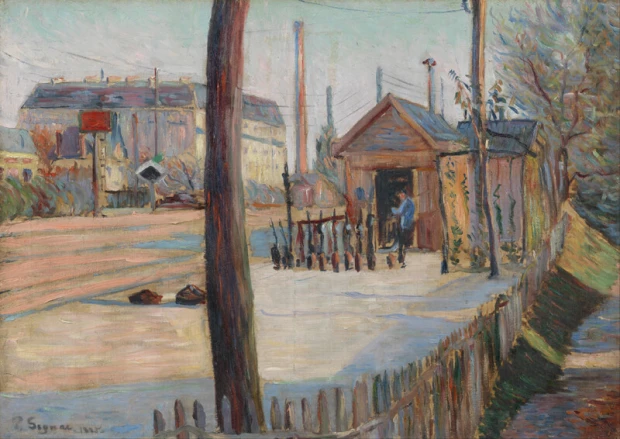 Reproduction of Railway Junction near Bois-Colombes by Paul Signac. Scene depicts a train station with a building.