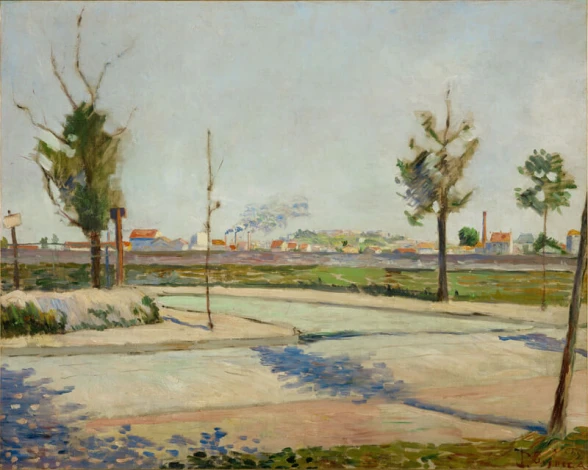 Reproduction of Road to Gennevilliers by Paul Signac - Graphic design featuring a landscape with trees, a road, and buildings.