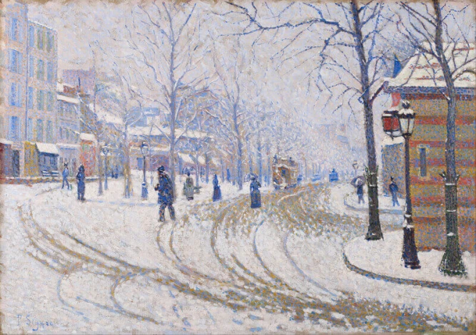 Reproduction of Snow, Boulevard de Clichy, Paris by Paul Signac. The artwork depicts a winter landscape with trees.