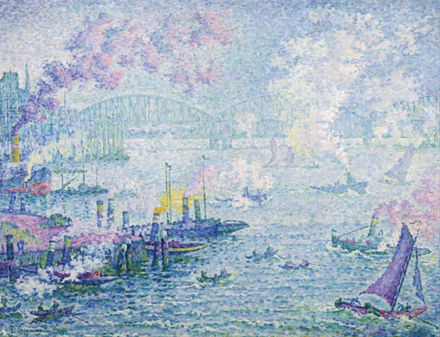 Reproduction of The Port of Rotterdam by Paul Signac. Artwork features boats, a bridge, and smoke in the port.