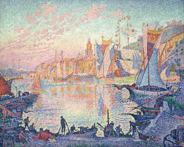 Reproduction of The Port of Saint-Tropez by Paul Signac - Colorful boats on water, buildings, and pastel sky.
