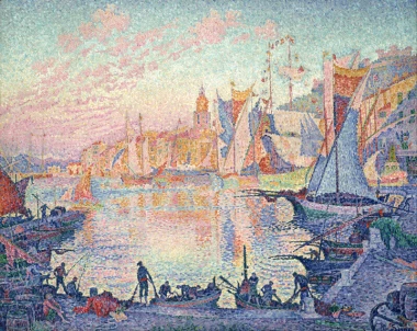 Reproduction of The Port of Saint-Tropez by Paul Signac - Colorful boats on water, buildings, and pastel sky.