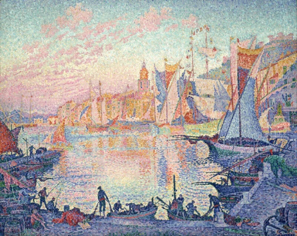 Reproduction of The Port of Saint-Tropez by Paul Signac - Colorful boats on water, buildings, and pastel sky.