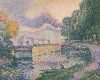 Reproduction of The Tugboat, Canal in Samois by Paul Signac. Artwork features boats on water with trees.