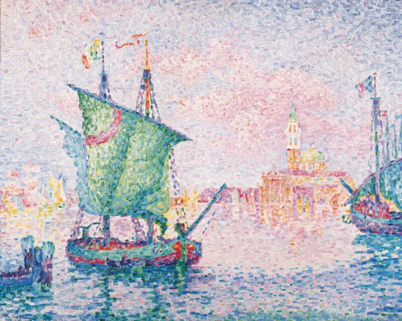 Reproduction of Venice, The Pink Cloud, 1909 by Paul Signac - Graphic design featuring boats on water with vibrant colors.