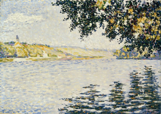 Reproduction of View of the Seine at Herblay by Paul Signac. The image shows the river with its reflection in the water.