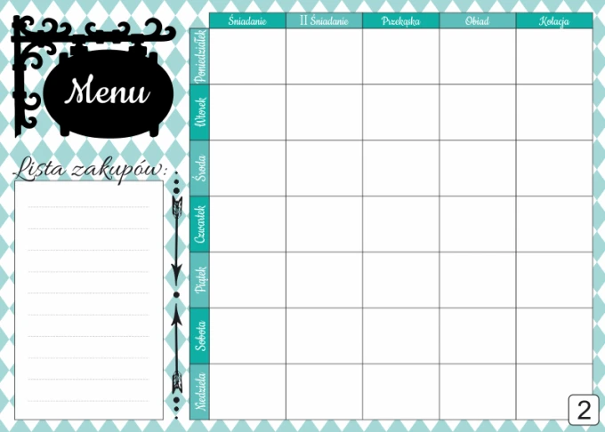 Dry-erase magnetic menu board 432 - Graphic design with turquoise and white diamond pattern and space for a list.