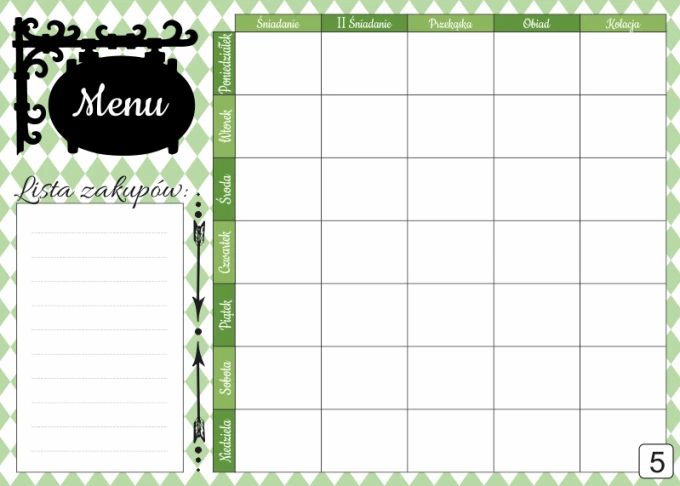 Magnetic dry-erase menu board 432 - Graphic design. Green and white checkered pattern with space for menu and shopping list.
