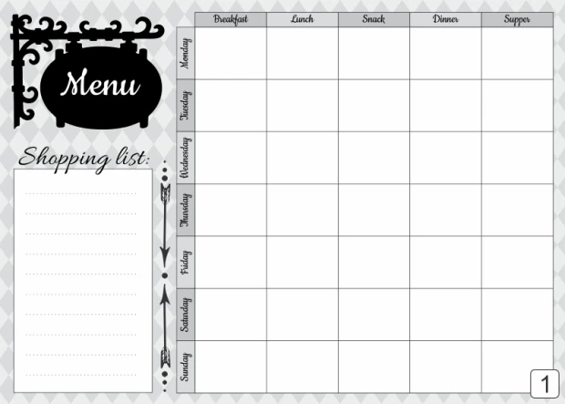 Menu dry-erase board 431 - Graphic design with a menu frame, days of the week sections, and a list.