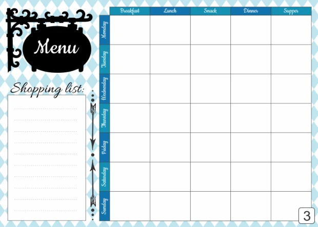 Dry-erase menu board 431 - Graphic design with blue and white diamonds, black "Menu" text, and space for a shopping list.