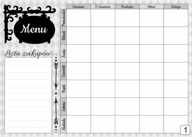 Dry-erase menu board 432 - Graphic design featuring a frame with "Menu" and a table for the days of the week.