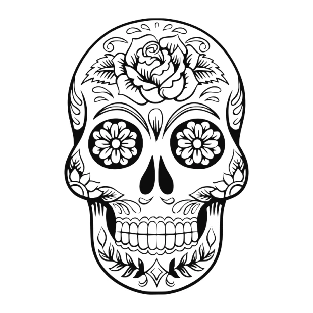 Mexican skull wall sticker 2481 - Graphic design featuring a skull with flowers, leaves, and symmetrical details.