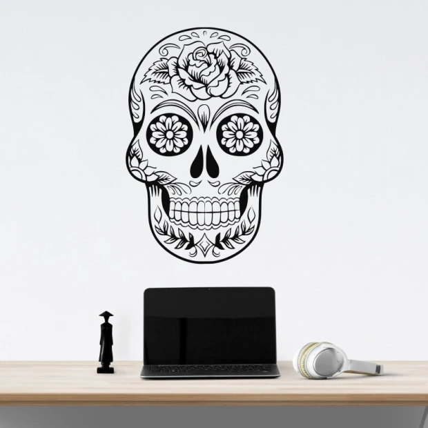 Mexican skull wall sticker 2481 - Graphic design. Skull with flowers and ornaments in black on a white background.