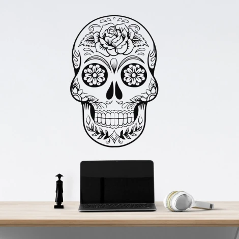 Mexican skull wall sticker 2481 - Graphic design. Skull with flowers and ornaments in black on a white background.