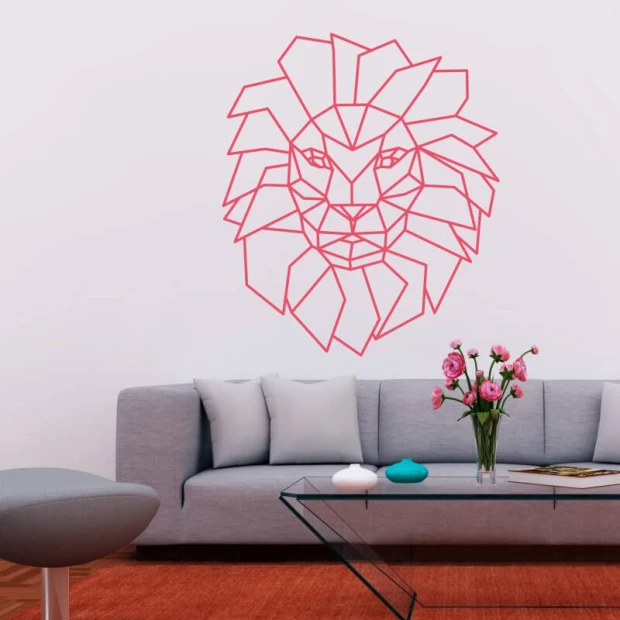 Lion wall sticker 2480 - Living room setup with light walls, gray corner sofa, and red rug.