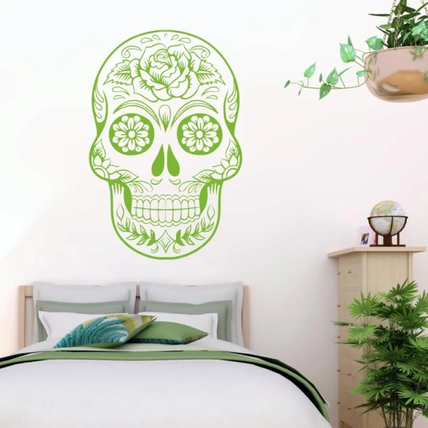 Mexican skull painting stencil 2481 - Bedroom decor with light-colored walls and minimalist furniture.