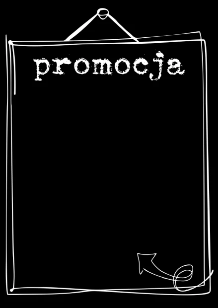Chalkboard with printed design promotion 080 - Black background with white text and arrow.