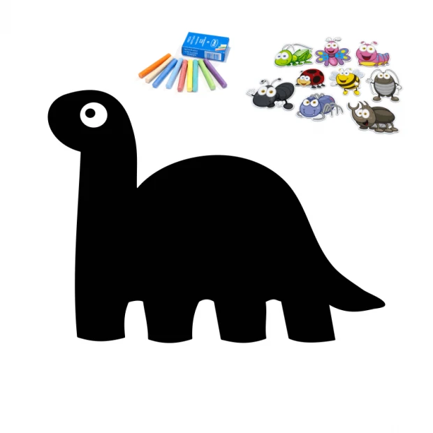 Chalkboard magnetic board for kids, dinosaur design. Features a black dinosaur with big eyes and colorful chalks.