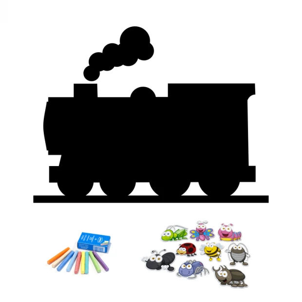 Chalkboard magnetic board for kids in the shape of a locomotive with smoke and colorful design.