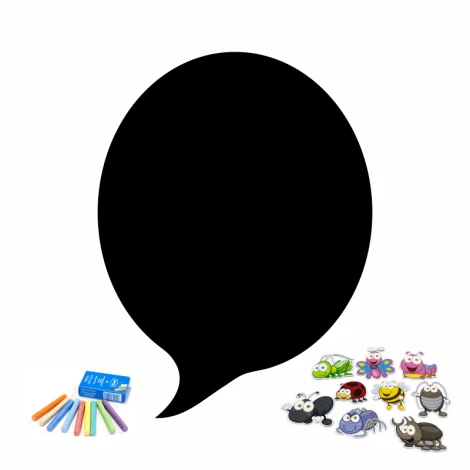 Chalkboard magnetic board with a large black cloud design featuring colorful insects and crayons.